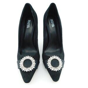 MICHAEL KORS Crystal Embellished Buckle Black Suede Leather Heels Pumps 8